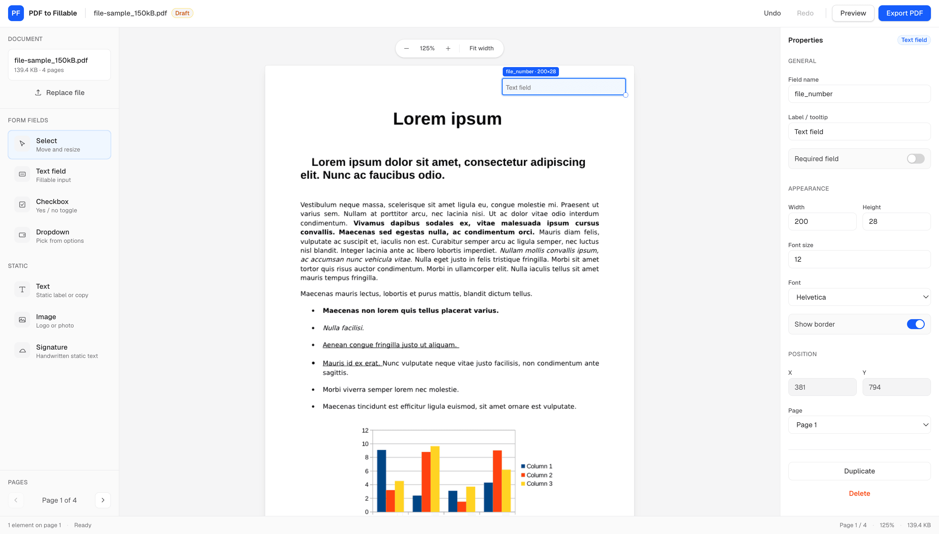 PDF to Fillable editor preview